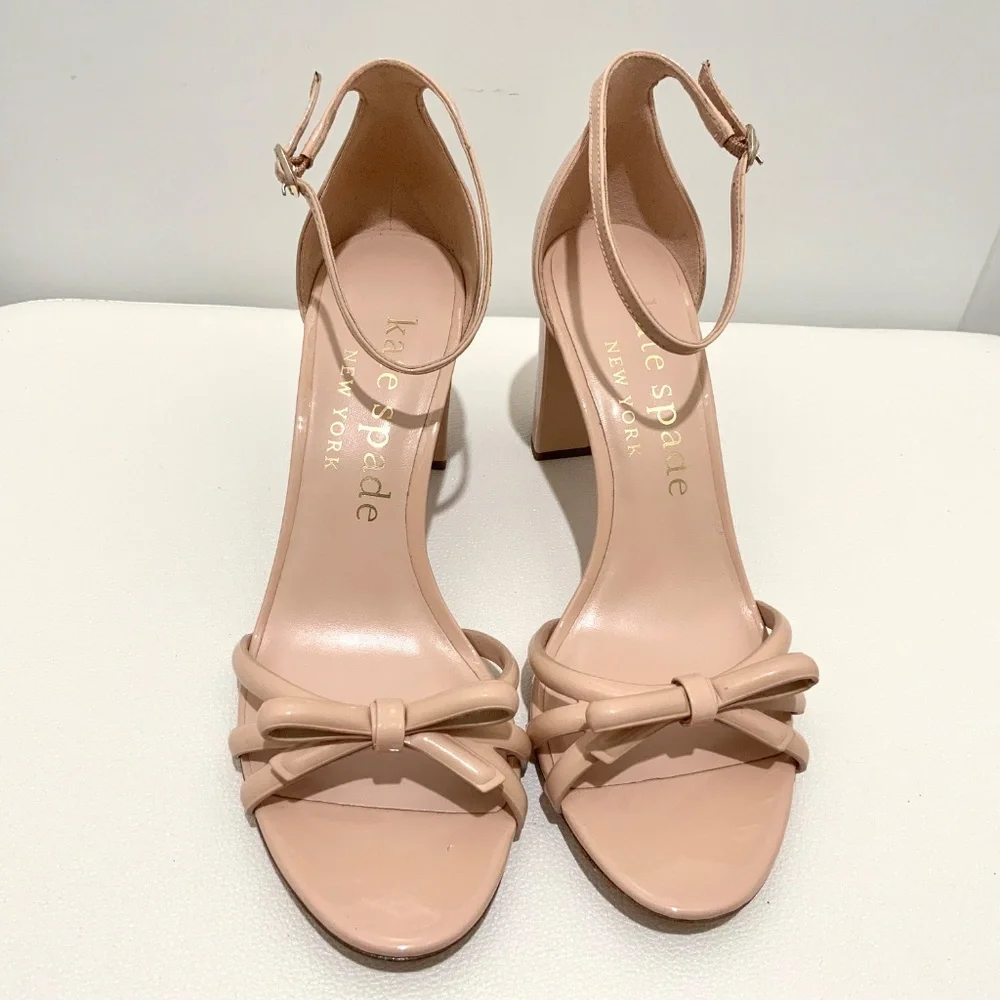 Kate Spade Flamenco Nude Patent Leather Sandal Block Heel Ankle Strap Shoes 10.5